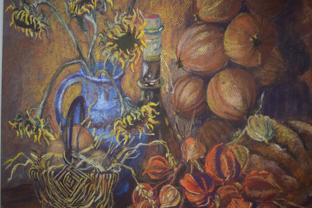 Patricia Turner (British Contemporary) Oil pastel, a harvest still life with sunflowers and drying - Image 3 of 4