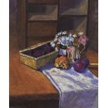 Patricia Turner (British Contemporary) Oil pastel still life study, a table laden with wild