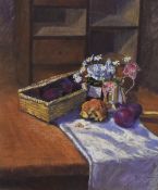 Patricia Turner (British Contemporary) Oil pastel still life study, a table laden with wild