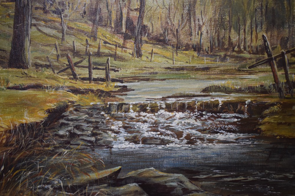 J A Sixsmith (British Contemporary) Oil on board, a pair of Autumnal rural river landscapes, - Image 3 of 9
