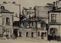 A 20th Century Parisian street scene in ink, location and date (1958) lower right alongside