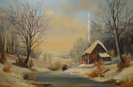 Dion Pears (British 1929-1985) Oil on canvas, a rural riverside cottage in winter, signed lower