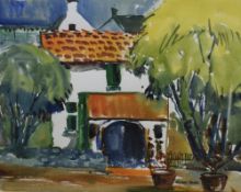 Desmond Turner (Irish 1923-2011) Watercolour, study of a white cottage and garden, signed lower