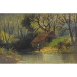C Herbert (British 19th Century) Oil on canvas, depicting a woodland cabin, figure and pond,