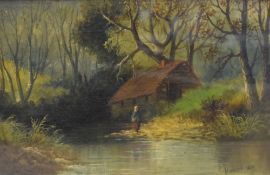 C Herbert (British 19th Century) Oil on canvas, depicting a woodland cabin, figure and pond,