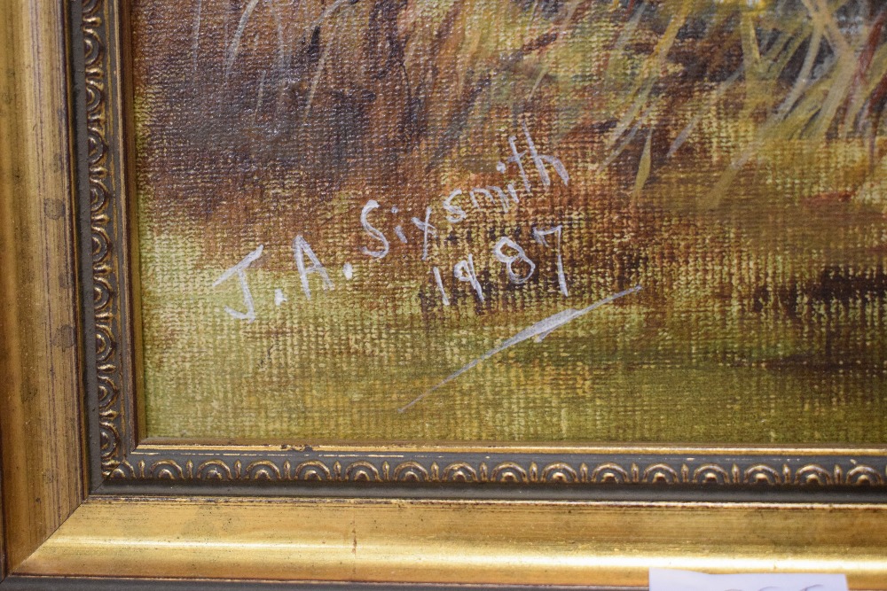 J A Sixsmith (British Contemporary) Oil on board, a pair of Autumnal rural river landscapes, - Image 4 of 9