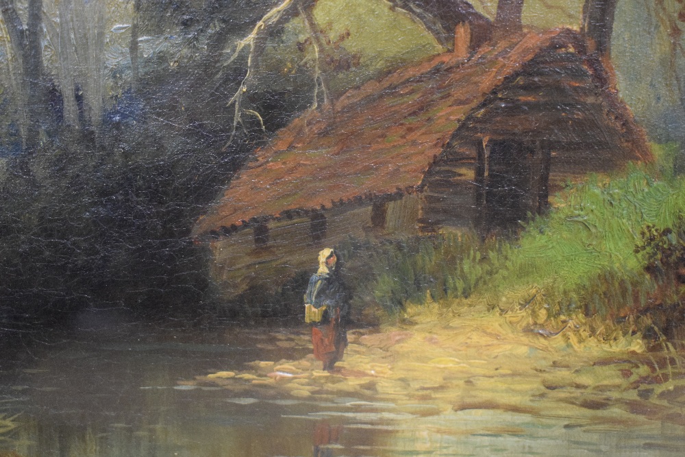 C Herbert (British 19th Century) Oil on canvas, depicting a woodland cabin, figure and pond, - Image 3 of 5