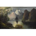 A 20th Century oil on canvas landscape, a mountainous lake scene with sailing boat, unsigned or
