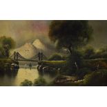 A 20th Century oil on canvas landscape, a mountainous lake scene with suspension bridge, unsigned or
