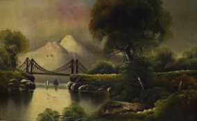 A 20th Century oil on canvas landscape, a mountainous lake scene with suspension bridge, unsigned or