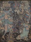 A 20th Century traditional Balinese oil on canvas, signed indistinctly lower left, within moulded
