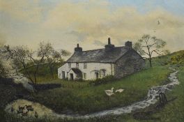 Stephen J. Darbishire (British B.1940) oil on board, a rural riverside cottage in Autumn, signed and