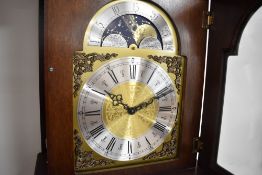 A modern mahogany long cased clock, brass and silvered dial named for Smallcombe Clocks, height