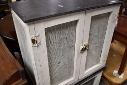 Two traditional meat safes of typical design but having desirable polished North Wales slate tops