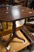 A 19th Century mahogany occasional pedestal table having octagonal top with turned column and triple