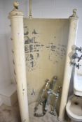 A Victorian shower unit, with various fittings and large ceramic base of circular form (diameter