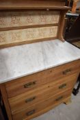 A Victorian deal washstand having tiled back and marble top, width approx 92cm