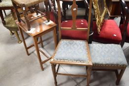 Four pieces comprising early 20th Century bedroom chair , footstool with similar upholstery, oak