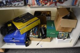 A collection of Scalextric slot racing items and accessories, manufactured by Hornby Hobbies Ltd.