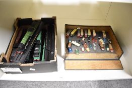 Hand Made Wooden Display of Mixed Scale Wagons, Cars and Buses along with Five OO Scale Plastic