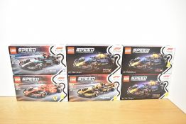 A collection of six LEGO Speed Champions series construction sets themed around modern Formula 1