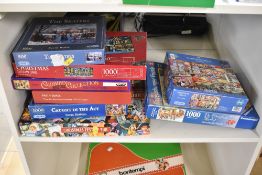 A collection of eight boxed jigsaw puzzles, primarily focused on Christmas and winter subjects.
