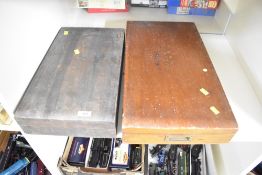 A collection of two vintage construction sets housed in wooden cases, including a branded Meccano