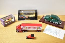 Modern Die-casts, GWILO Beetle on plinth with certificate, Lledo Thrust SSC and Queens 75th Birthday