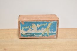 TN Toys, Japanese Tin Plate and Friction Driver Speed Boat R-26 Rocky Stone with Water Skier