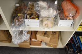 A collection of collectible teddy bears and accessories, primarily manufactured by Merrythought of