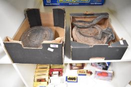 This lot comprises an assortment of vintage industrial metal components and a collection of die-cast