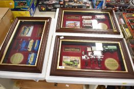 A set of three Matchbox Models of Yesteryear limited edition framed displays, each featuring a
