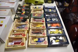 A collection of model vehicles primarily manufactured by Lledo and Matchbox. The Lledo examples