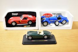 Burago mixed scale Die-casts, 1:18 3011 Ferrari 250 GTO (1962), 3005 Bugatti Type 59 (1934, 1:24