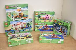 A collection of seven LEGO Minecraft construction sets manufactured from plastic. The lot