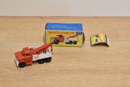 1969 Matchbox Die-cast, 71 Wreck Truck Esso in Red and White with Orange Windows, boxed, model and