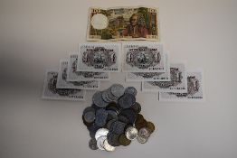 A Collection Of World Bank Notes And Coins, Comprising, Bank Notes, Banco De Espana, 1953,