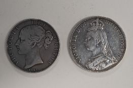 A Queen Victoria 1844 Silver Crown, Young Head, And 1889 Jubilee Head, (2) Total Weight Of Silver