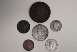 A Queen Victoria 1887 Silver Half Crown, Jubilee Head, A George IV 1826 Shilling (Worn), A George