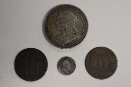 A Queen Victoria 1897 Silver Crown, Old Veiled Head, A William IV 1836 Fourpence, A 1796 Copper