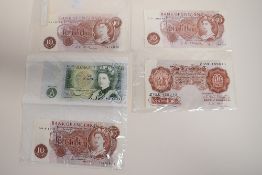Bank Of England Banknotes, Comprising, A Series B, 10 Shilling, L K O'Brien Z05X459013. Series C,