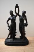 A large 20th century resin bronze effect figure group depicting two females one holding a basket