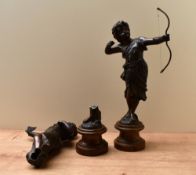 A pair of 20th century patinated metal figurines depicting Roman Goddess Diana 'Goddess of the Hunt'