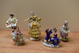 A group of five Royal Dresden lace and similar figures/figurines to include 'Man with Basket' and '