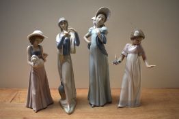 A group of four Nao by Lladro and similar porcelain figurines comprising 'Girl Holding Bird', 'To