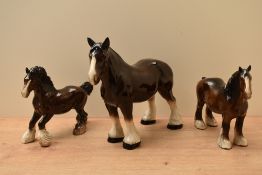 A group of three Beswick Pottery and similar Shire horse studies to include 'Shire Mare' model