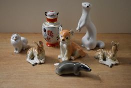 A group of six USSR Lomonosov porcelain animal studies comprising a Lion Cub, Pomeranian dog,