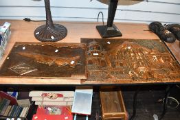 Two mid to late 20th-century copper repousse wall plaque, to feature a landscape scene and a jet