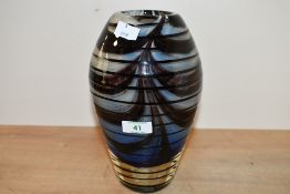 A mid 20th-century Murano-style art glass vase, of tall tapered-form, having swirled ribbons of blue