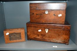 Three 20th-century wooden boxes, to feature a large dark wood chest-formed example with animal